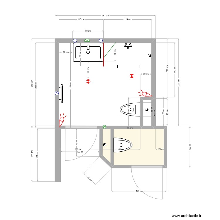 Salle d'eau 65 Version définitive. Plan de 2 pièces et 2 m2