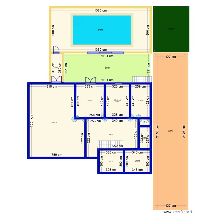 Maison-piscine. Plan de 14 pièces et 418 m2