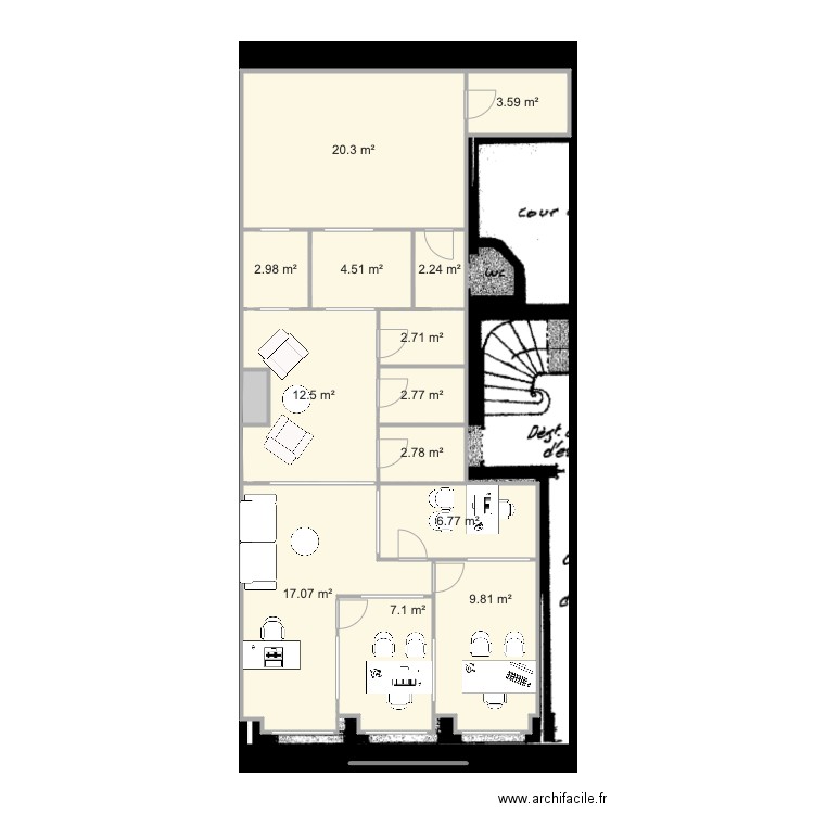 LOCAL. Plan de 14 pièces et 96 m2