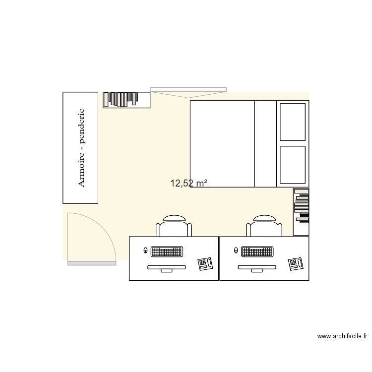 Chambre Fond_Bureau. Plan de 1 pièce et 13 m2