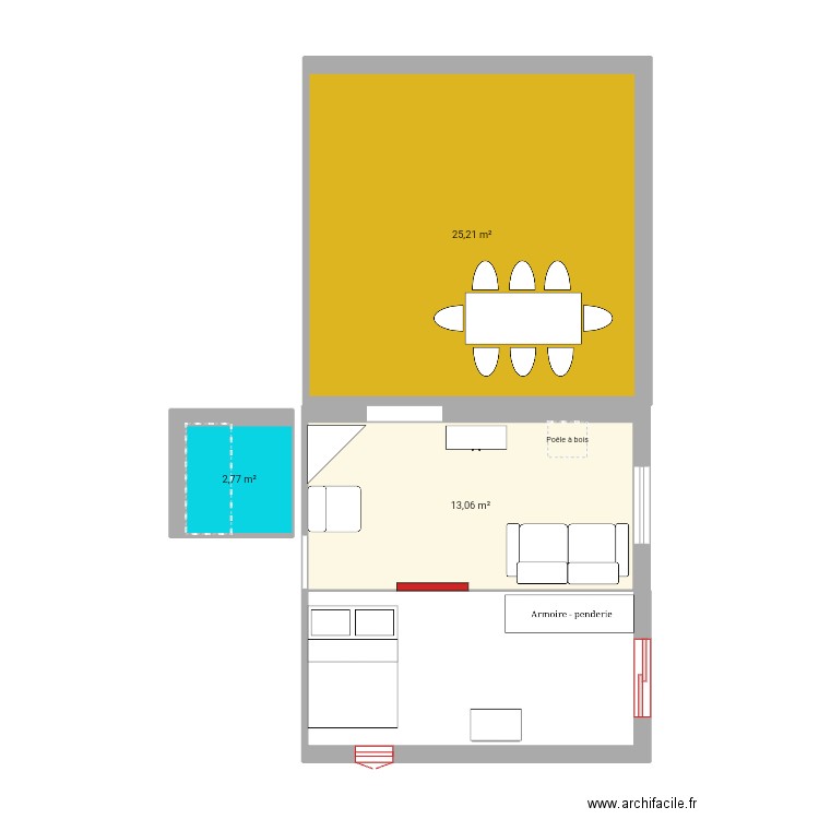 Chambre.boudoir0. Plan de 3 pièces et 41 m2