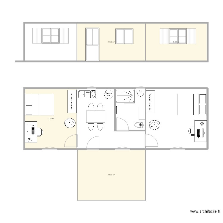 chambre jardin . Plan de 4 pièces et 48 m2