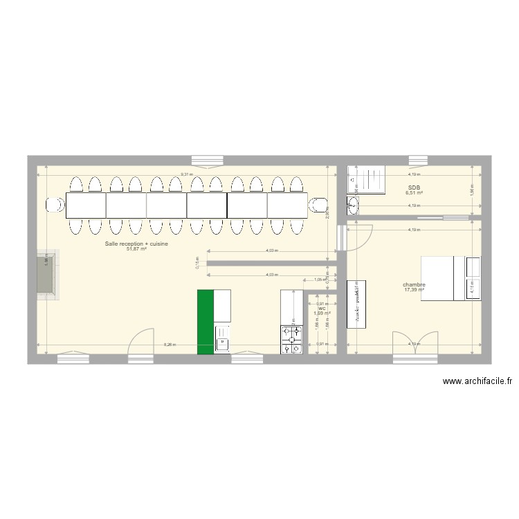 Précy RDC V1. Plan de 4 pièces et 77 m2