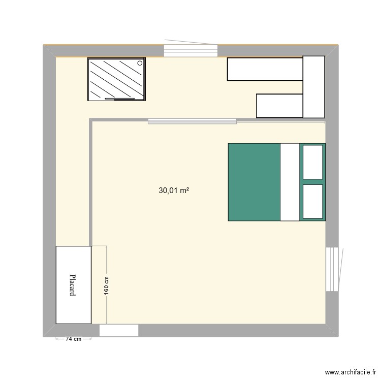 Chambre rénovée. Plan de 1 pièce et 30 m2