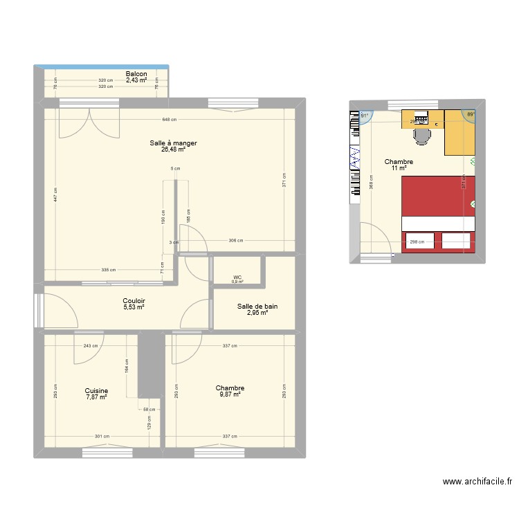 Coloc. Plan de 9 pièces et 68 m2