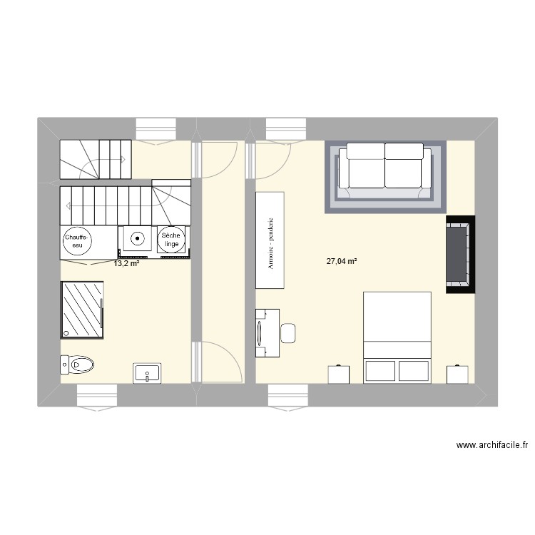 Premier étage. Plan de 2 pièces et 40 m2