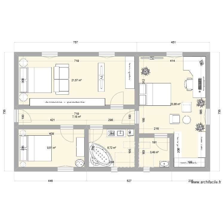 Planta. Plan de 6 pièces et 72 m2