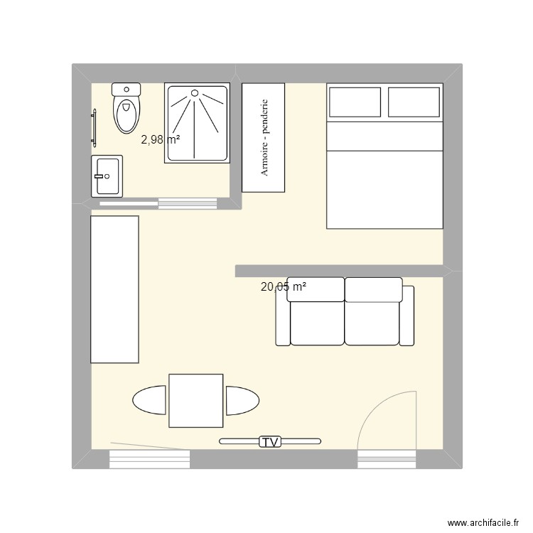 Studio. Plan de 2 pièces et 23 m2