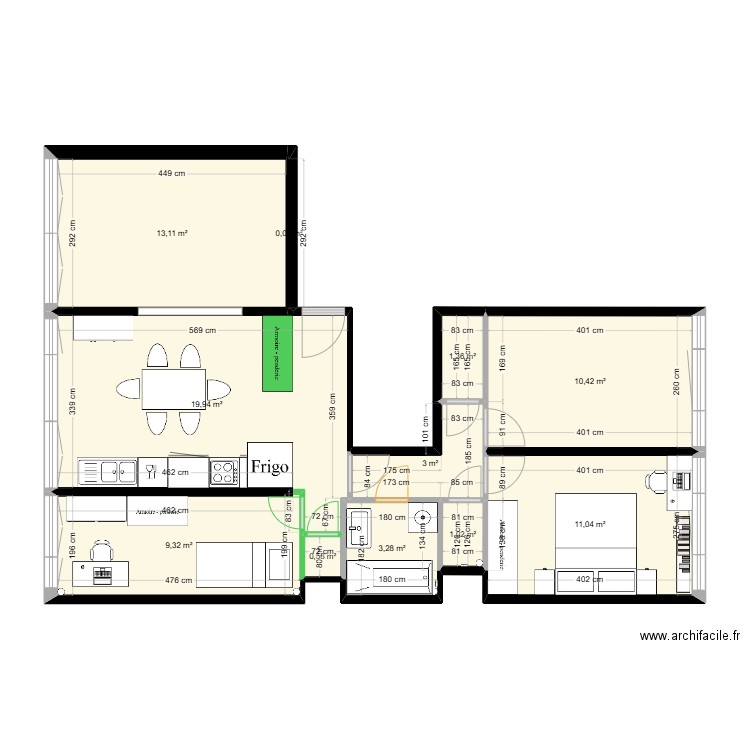 Appart 50 Charonne_Option 1. Plan de 11 pièces et 73 m2