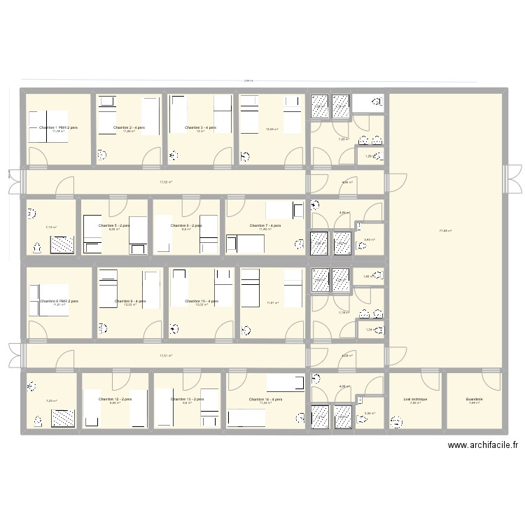 Auberge. Plan de 40 pièces et 351 m2