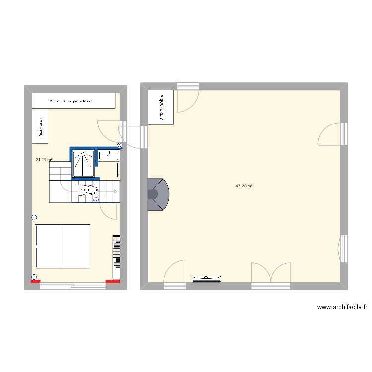 Garage aménagé en duplex. Plan de 2 pièces et 69 m2