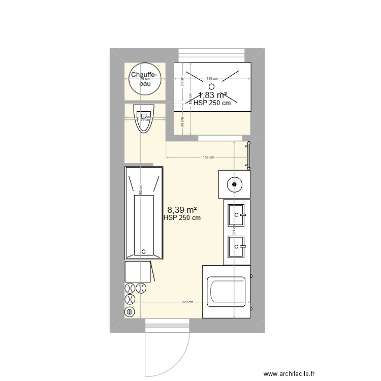 ju et Yan sdb. Plan de 2 pièces et 10 m2