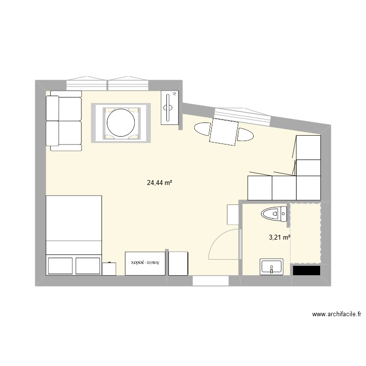 studio Or. Plan de 3 pièces et 28 m2