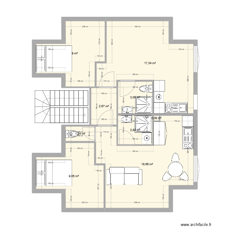 immeuble université. Plan de 9 pièces et 64 m2