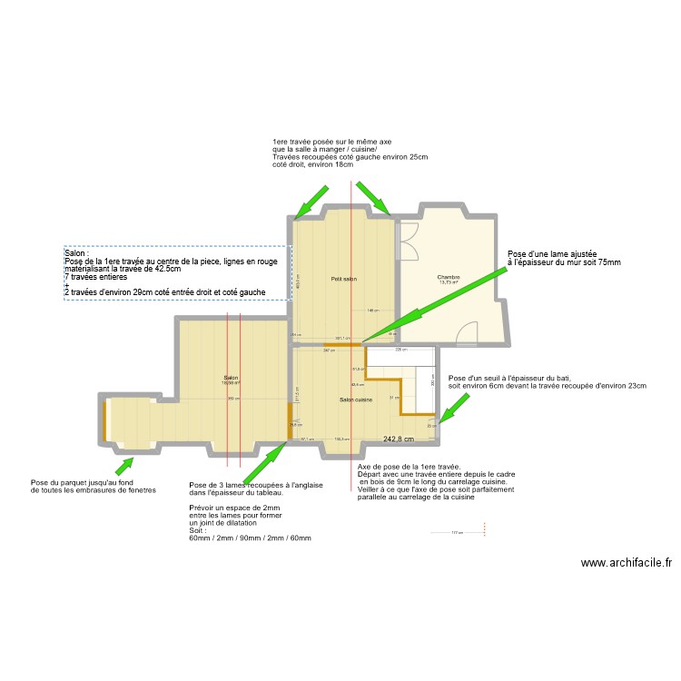 4 Férou Calepinage Parquet PDH. Plan de 4 pièces et 62 m2