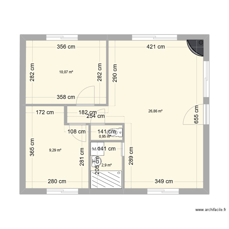 Plan 1 Entrée Est WC et Salle d'eau milieu. Plan de 5 pièces et 50 m2