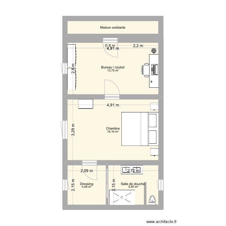 Extension etage. Plan de 5 pièces et 44 m2