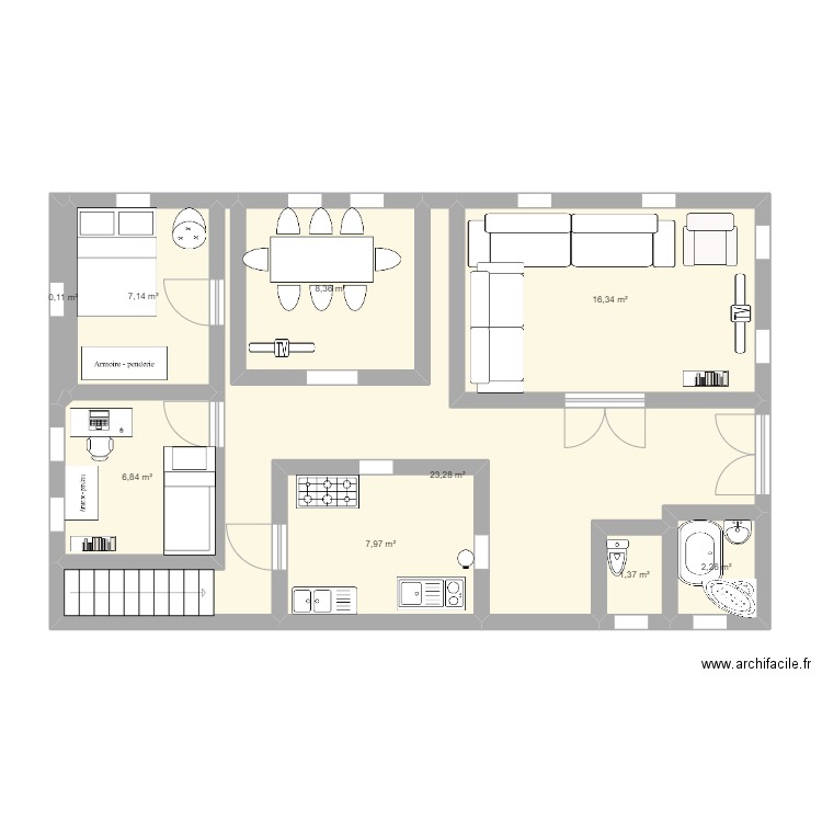 lk:g. Plan de 9 pièces et 74 m2