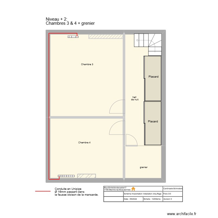 Plan Niveau +2: chambre 3 & 4 - grenier. Plan de 4 pièces et 58 m2