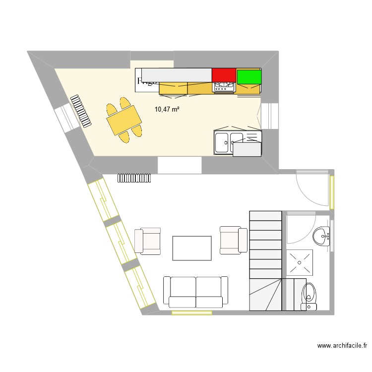 cuisine sur mer. Plan de 1 pièce et 10 m2