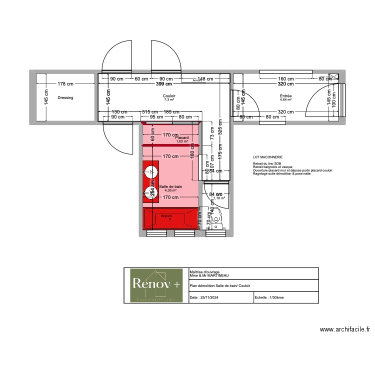 Projet Carmélites Plan démolition SDB. Plan de 6 pièces et 21 m2