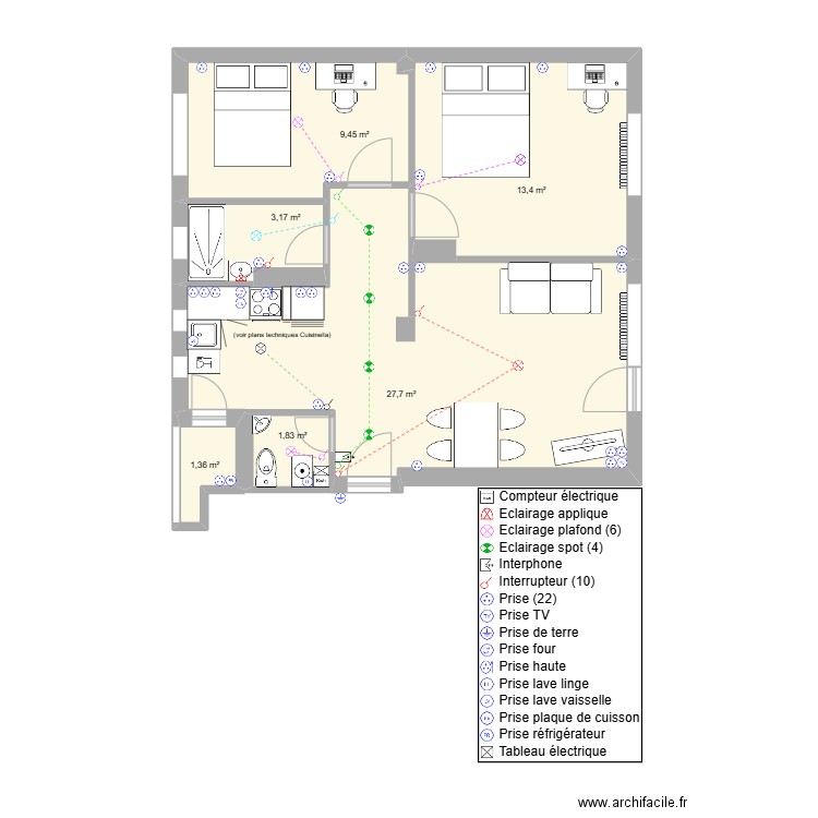 appart. Plan de 6 pièces et 57 m2