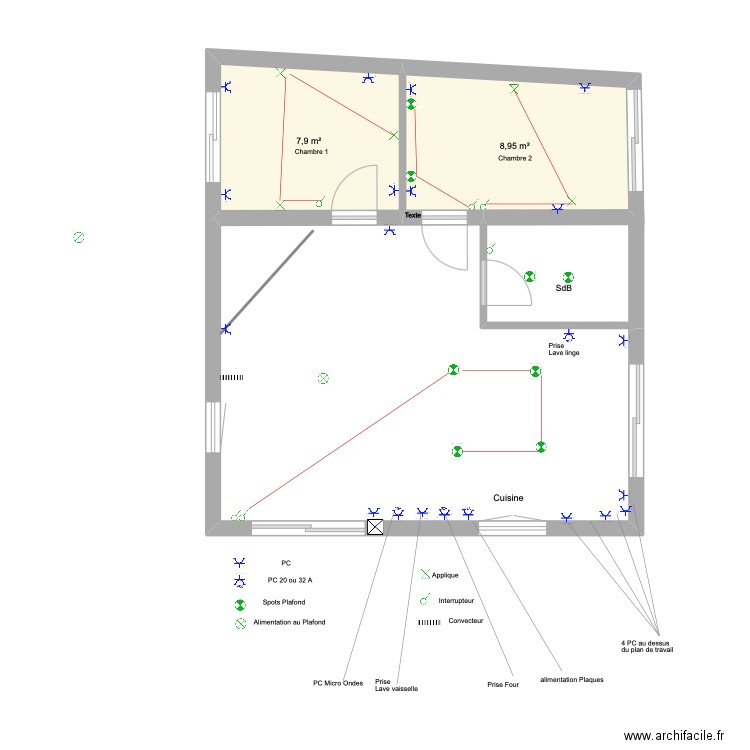 Plan Electricité. Plan de 2 pièces et 17 m2