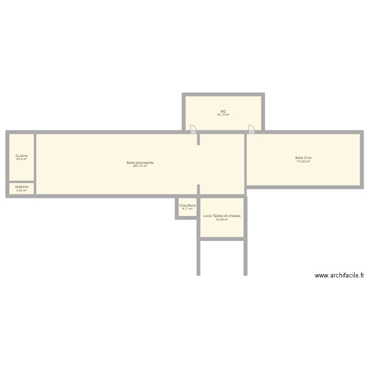 Salle club polyvalente. Plan de 7 pièces et 477 m2