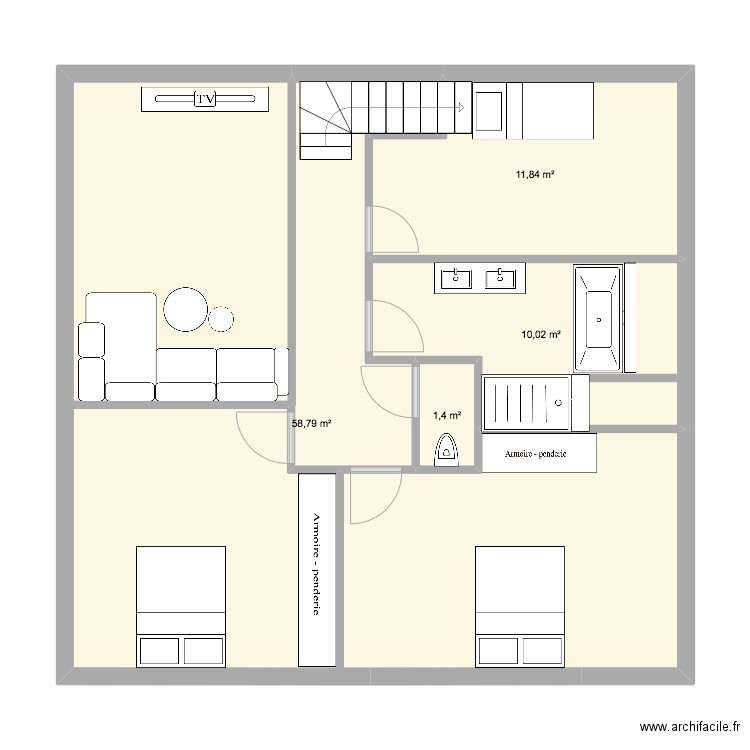 GRAND DUPLEX MODELE 2 bis  CHAMBRE 2. Plan de 4 pièces et 82 m2