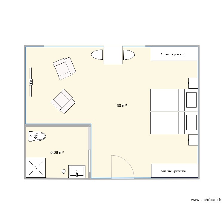 Chambre double maison de repos. Plan de 2 pièces et 35 m2