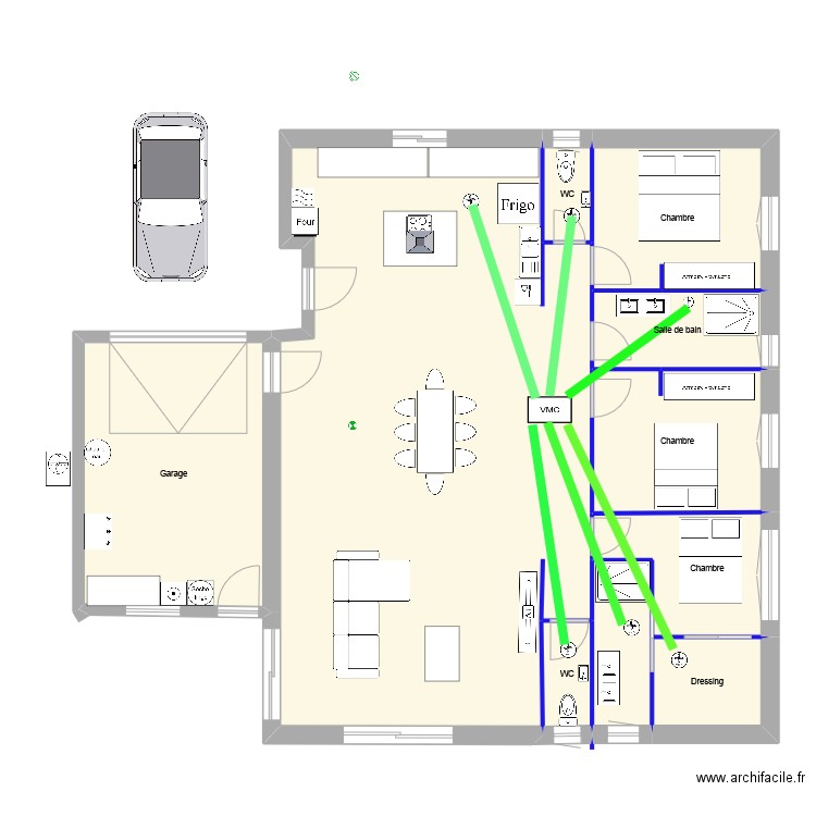 VENTILATION. Plan de 9 pièces et 151 m2