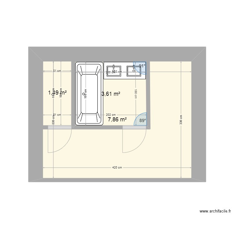 Salle de bain 2. Plan de 3 pièces et 19 m2