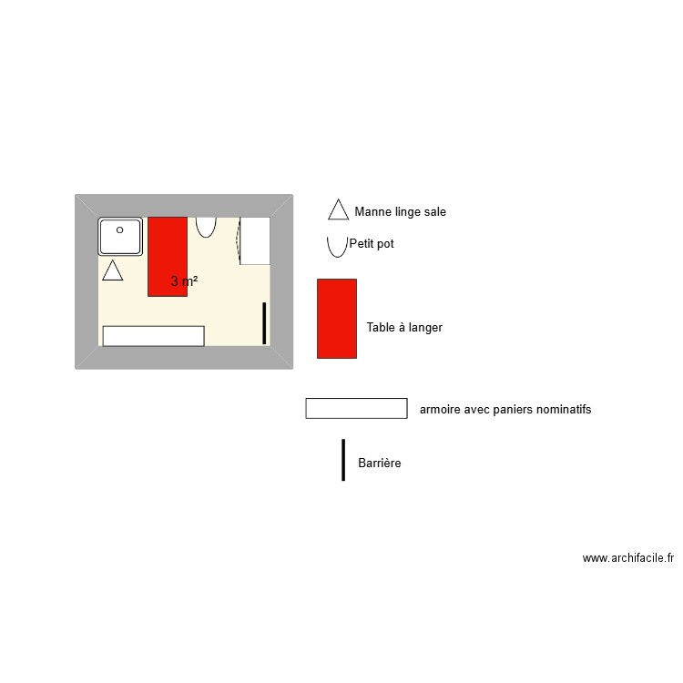 coin soins. Plan de 1 pièce et 3 m2