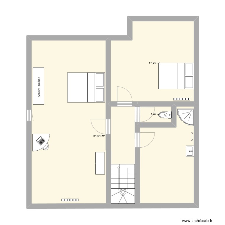 Combles. Plan de 3 pièces et 74 m2