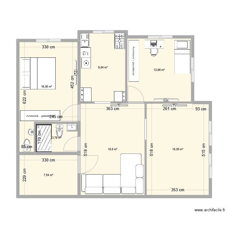 0001. Plan de 7 pièces et 88 m2