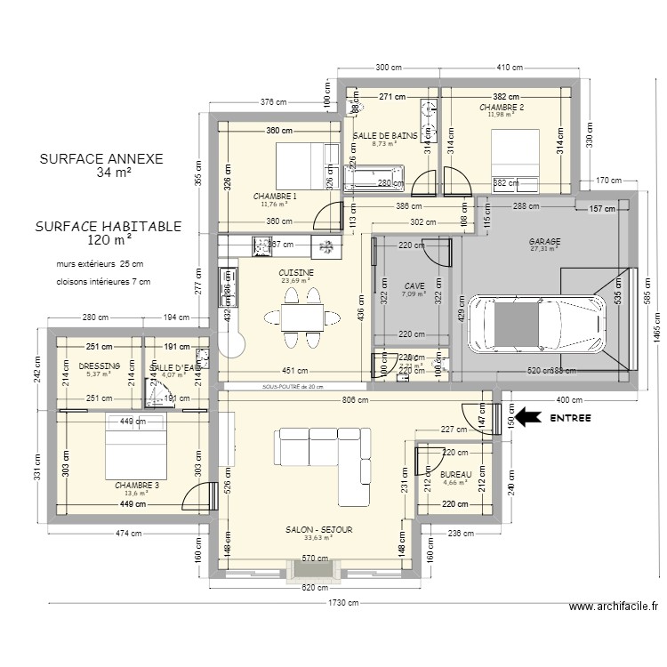 projet modifié ENTREE dans GARAGE . Plan de 12 pièces et 154 m2