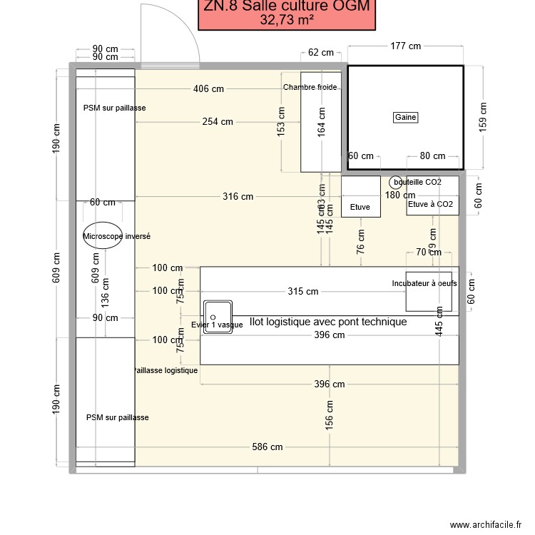 Salle technique culture OGM. Plan de 1 pièce et 33 m2