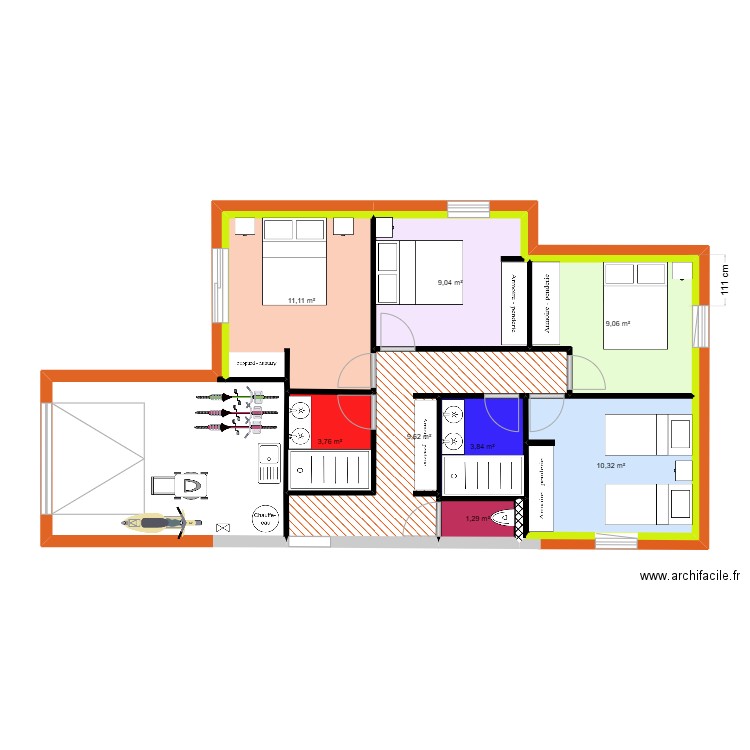 disposition sdb 2. Plan de 8 pièces et 58 m2