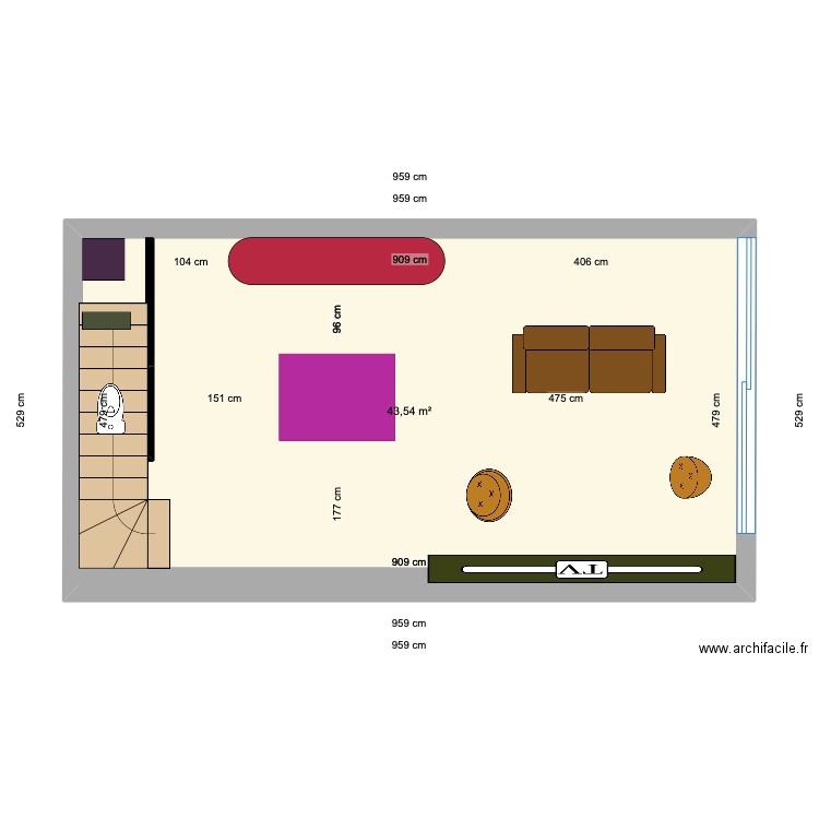 RDC Bieville. Plan de 1 pièce et 44 m2