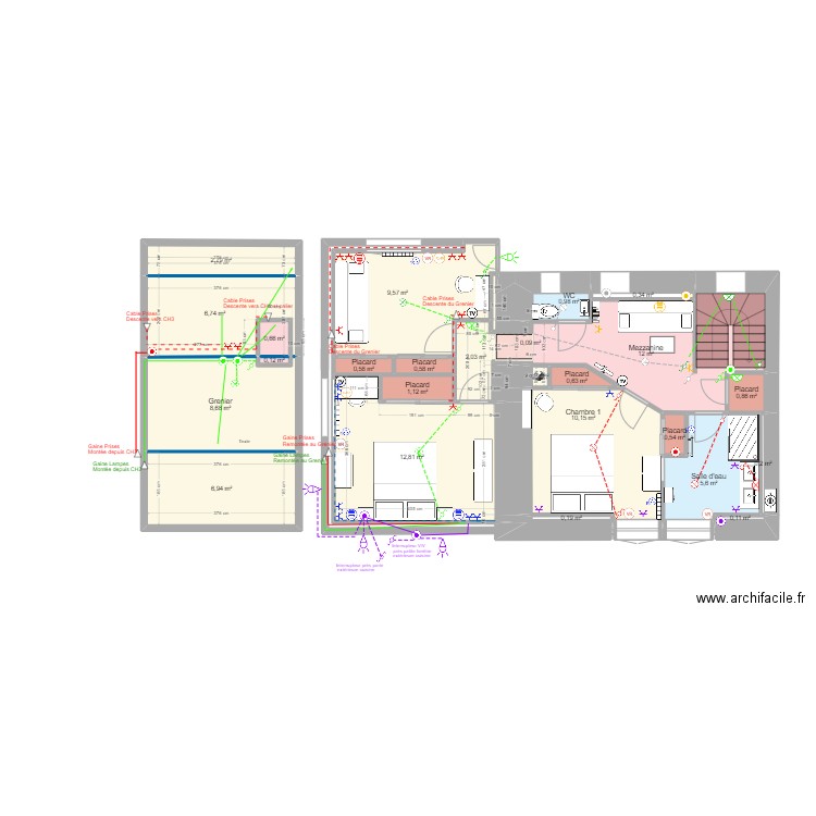 Etage 23-08-2024 schéma électrique. Plan de 25 pièces et 85 m2