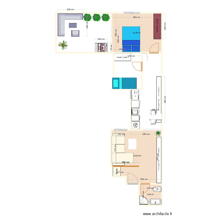 Arrecife. Plan de 3 pièces et 29 m2