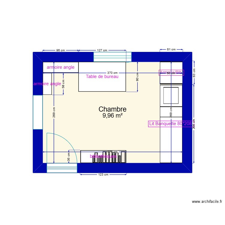 LISA Chambre. Plan de 1 pièce et 10 m2