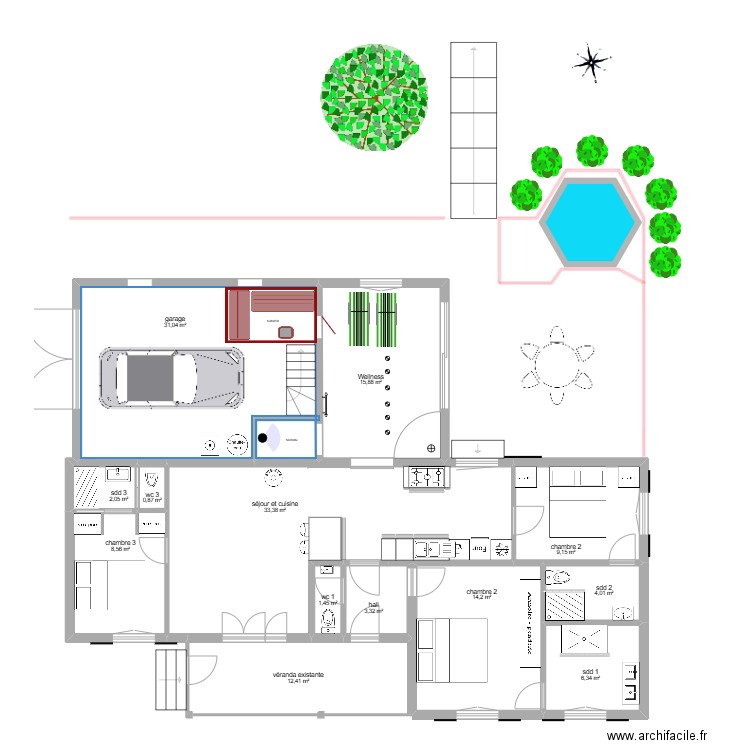 projet 5 D Allemagne wellness bis. Plan de 13 pièces et 143 m2