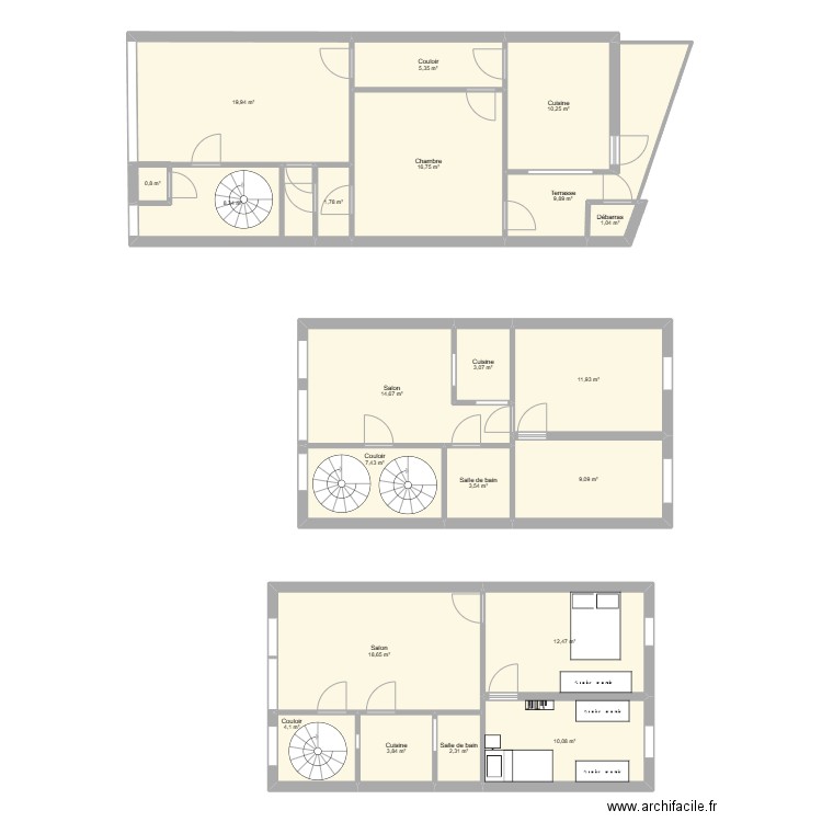 projet 3 unites. Plan de 21 pièces et 175 m2