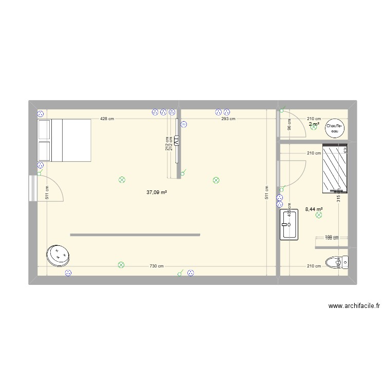 chambre combles. Plan de 3 pièces et 48 m2