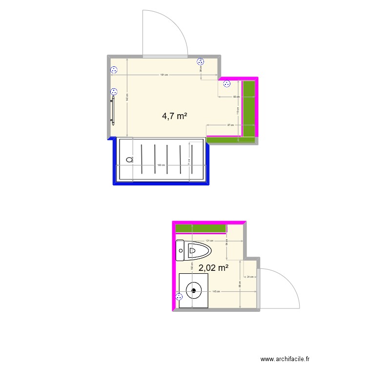 SDB. Plan de 2 pièces et 7 m2