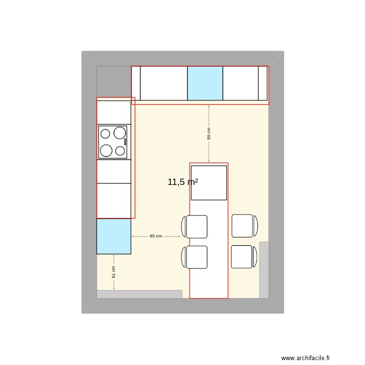 Sol Cuisine. Plan de 1 pièce et 12 m2