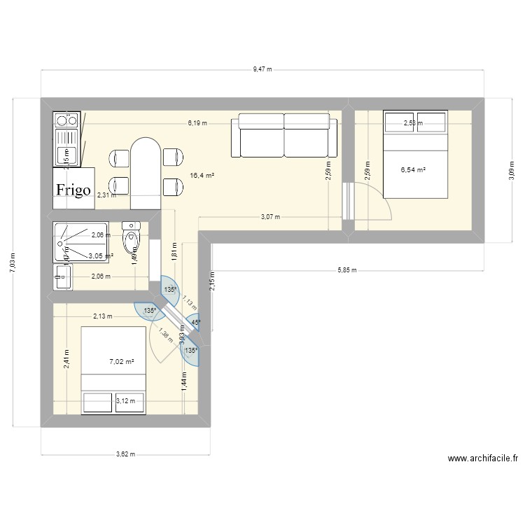 projet 2. Plan de 4 pièces et 33 m2