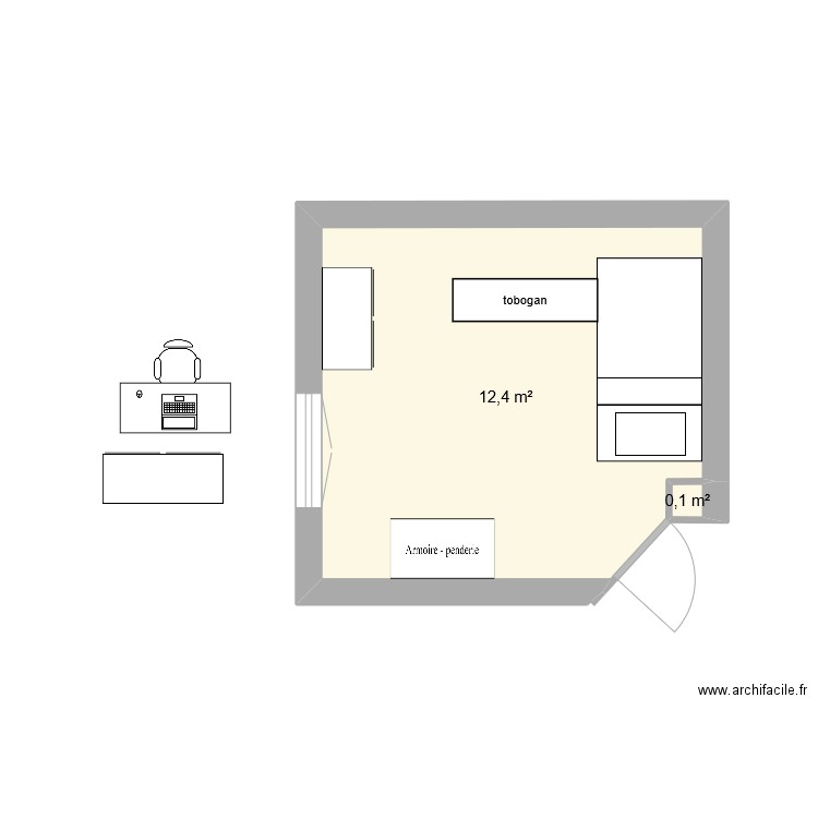 chambre Charlie. Plan de 2 pièces et 13 m2