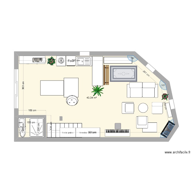 cuisine sur jardin. Plan de 1 pièce et 43 m2